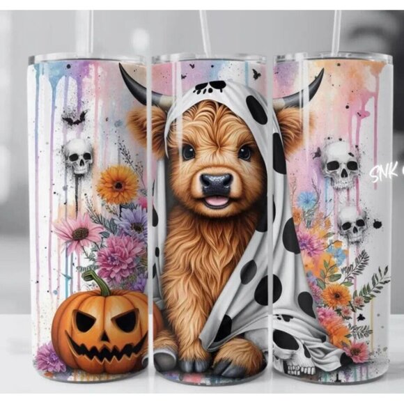 Highland Cow Halloween Skull Pumpkin Tumbler 20oz Skinny Tumblr Travel Cup - Picture 2 of 3